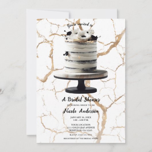 Black & White Gold Floral Tier Cake Brautparty Einladung (Vorderseite)