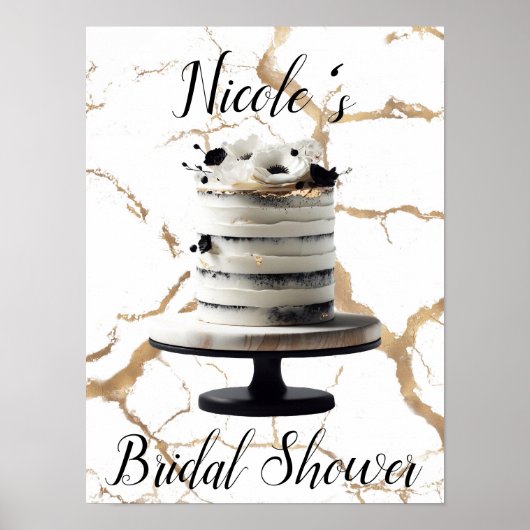 Black & White Gold Floral Tier Cake Brautparty Poster (Vorne)
