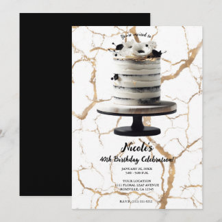 Black & White Gold Floral Tier Cake Geburtstagspar Einladung
