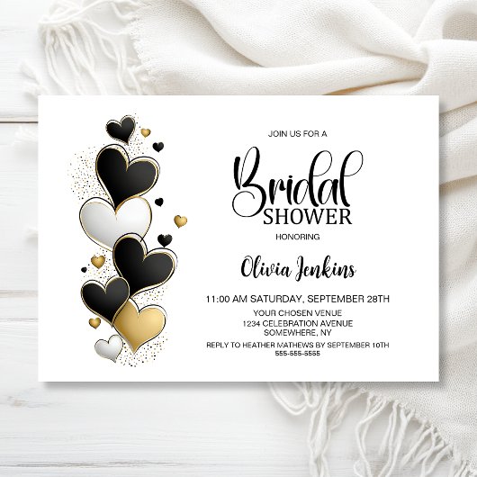 Black White Gold Hearts Bridal Shower Einladung