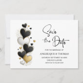 Black White Gold Hearts Wedding Save the Date (Vorderseite)