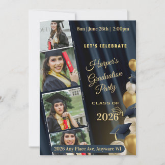 Black White & Gold Photo Graduation Party Invite Einladung