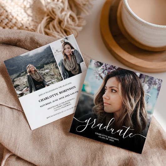 Black white graduate script photo graduation einladung