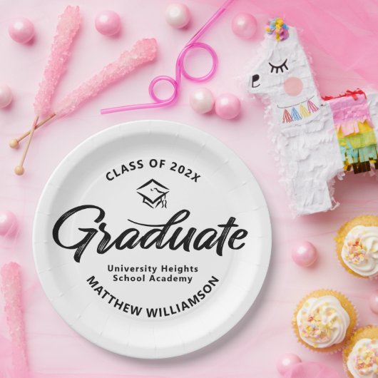 Black White Graduation Bold Retro Script Cap Icon Pappteller (Party)