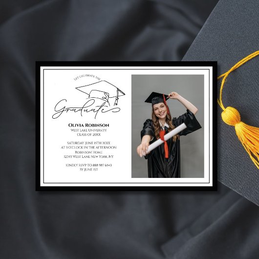 Black White Graduation cap typography photo Einladung