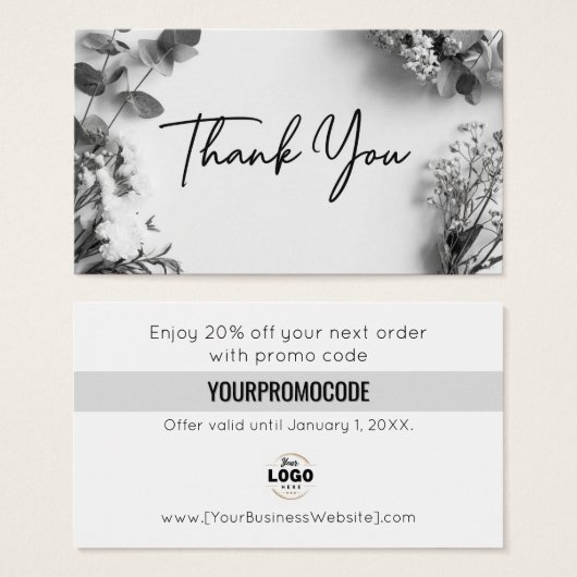 Black White Gray Botanical Thank You Discount Card (Vorne & Hinten)