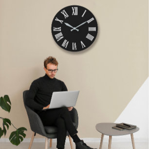 Black White Gray Metallic Silver Roman Numbers Große Wanduhr