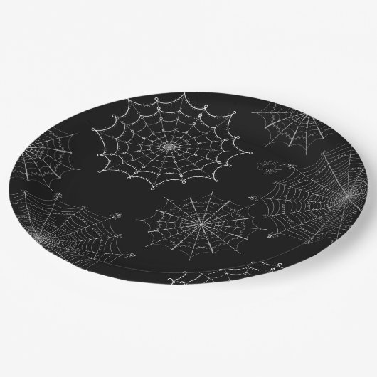 Black & White Halloween Spider Webs Pappteller (Schrägansicht)