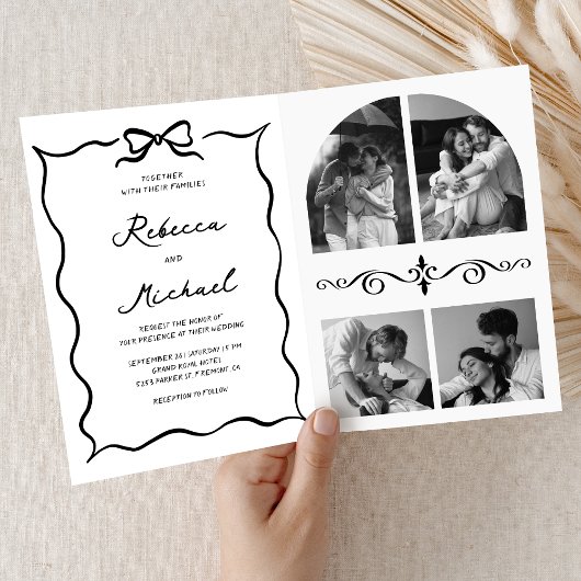 Black & White Hand Drawn Bow QR Code Photo Wedding Einladung