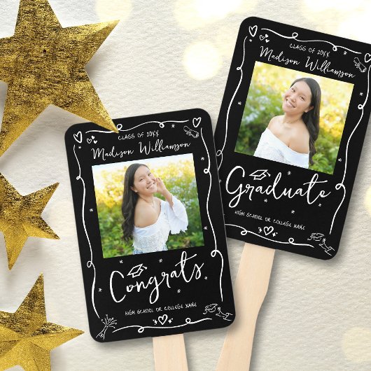 Black White Hand Drawn Doodle Graduation 2 Photo Fächer