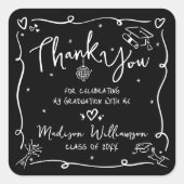 Black White Hand Drawn Doodle Graduation Thank You Quadratischer Aufkleber (Vorderseite)