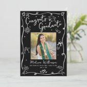 Black White Hand Drawn Doodles Graduation 4 Photo Ankündigung (Stehend Vorderseite)