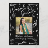 Black White Hand Drawn Doodles Graduation 4 Photo Ankündigung (Vorderseite)