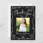 Black White Hand Drawn Doodles Photo Graduation Dankeskarte (Vorderseite)