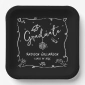 Black White Hand Drawn Doodles Style Graduation Pappteller (Vorderseite)