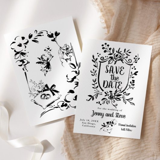 Black & White Hand Drawn Wedding Save The Date Einladung