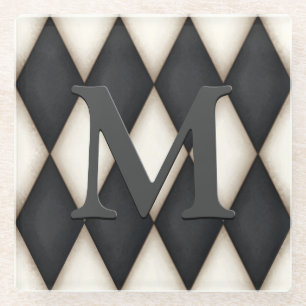 Black & White Harlequin Check 3-D Monogram Glasuntersetzer