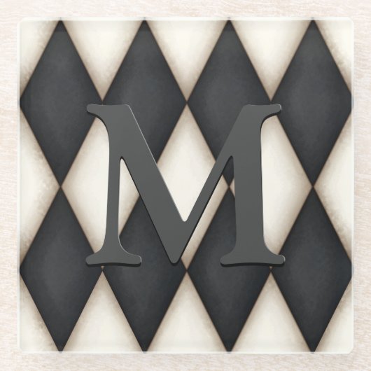 Black & White Harlequin Check 3-D Monogram Glasuntersetzer (Vorderseite)