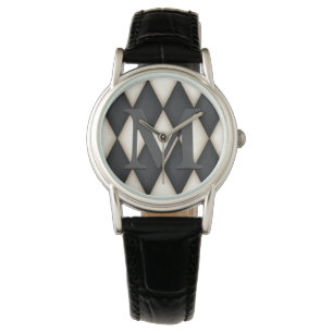 Black & White Harlequin Check Elegant 3-D Monogram Armbanduhr