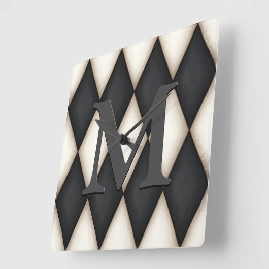 Black & White Harlequin Dramatic Custom Monogram Quadratische Wanduhr (Winkel)