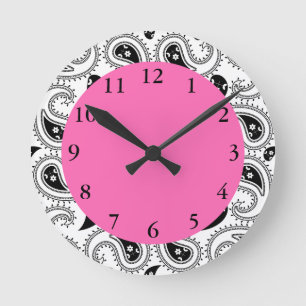 Black, White, Hot Pink Paisley Pattern Runde Wanduhr