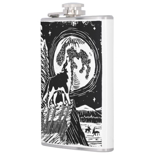 Black & White Howling Husky am Abend Linocut Flachmann (Links)