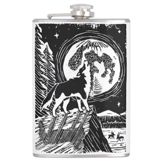 Black & White Howling Husky am Abend Linocut Flachmann (Vorderseite)
