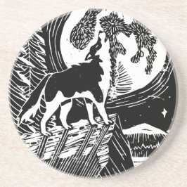 Black & White Howling Husky am Abend Linocut Getränkeuntersetzer