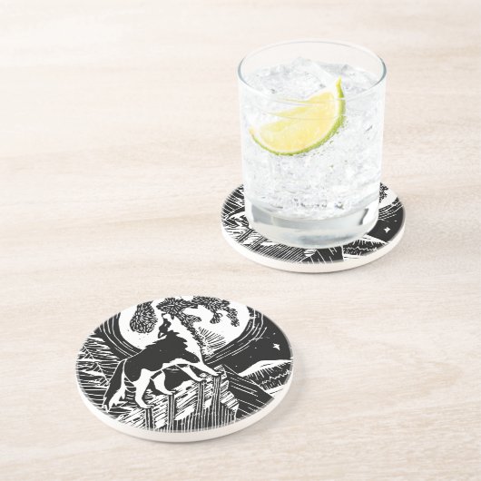 Black & White Howling Husky am Abend Linocut Getränkeuntersetzer (Seite)