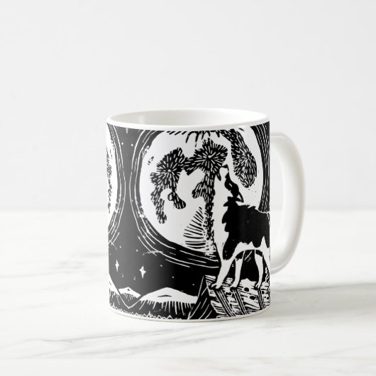 Black & White Howling Husky am Abend Linocut Kaffeetasse (VorderseiteRechts)