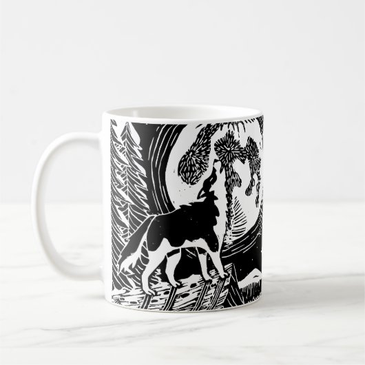 Black & White Howling Husky am Abend Linocut Kaffeetasse (Links)