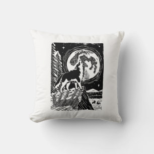 Black & White Howling Husky am Abend Linocut Kissen