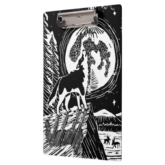 Black & White Howling Husky am Abend Linocut Klemmbrett (Links)