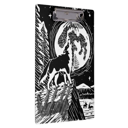 Black & White Howling Husky am Abend Linocut Klemmbrett (Rechts)