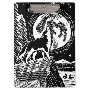 Black & White Howling Husky am Abend Linocut Klemmbrett
