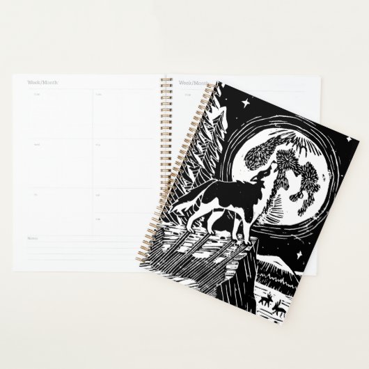 Black & White Howling Husky am Abend Linocut Planer (Anzeige)