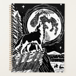 Black & White Howling Husky am Abend Linocut Planer