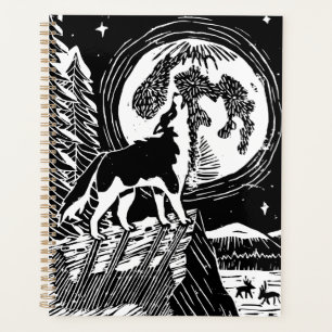 Black & White Howling Husky am Abend Linocut Planer
