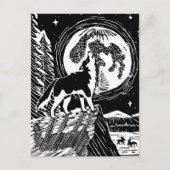Black & White Howling Husky am Abend Linocut Postkarte (Vorderseite)