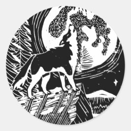 Black & White Howling Husky am Abend Linocut Runder Aufkleber