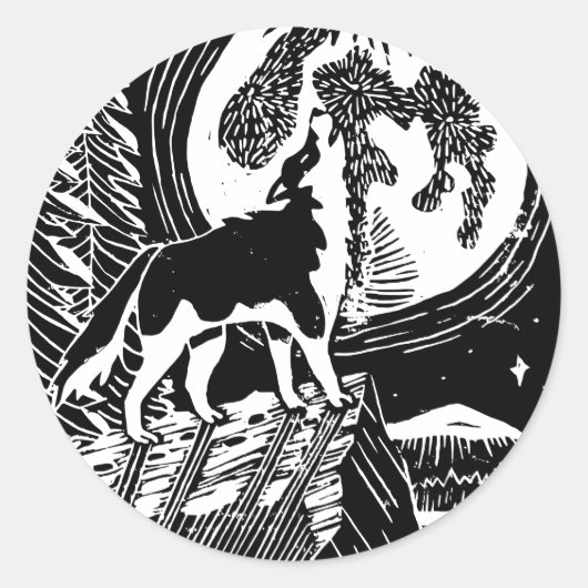 Black & White Howling Husky am Abend Linocut Runder Aufkleber (Vorderseite)