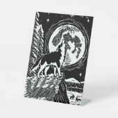 Black & White Howling Husky am Abend Linocut Sockelschild (Vorderseite)