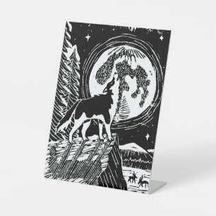Black & White Howling Husky am Abend Linocut Sockelschild