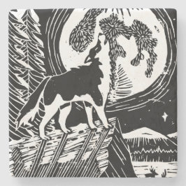 Black & White Howling Husky am Abend Linocut Steinuntersetzer