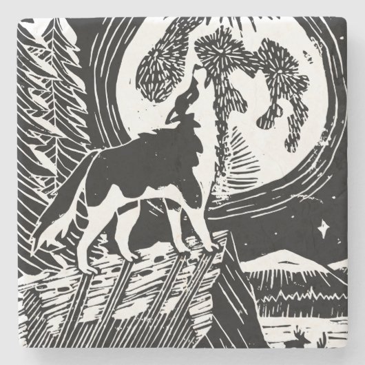 Black & White Howling Husky am Abend Linocut Steinuntersetzer (Vorderseite)