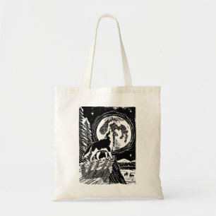 Black & White Howling Husky am Abend Linocut Tragetasche