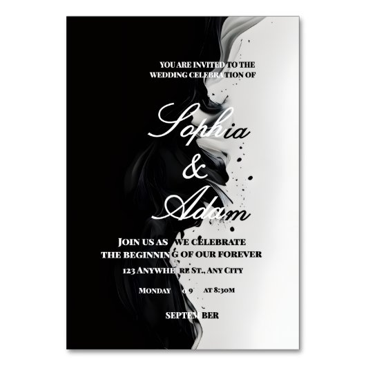 Black & White Ink Art Wedding Invitation Tischnummer (Vorderseite)