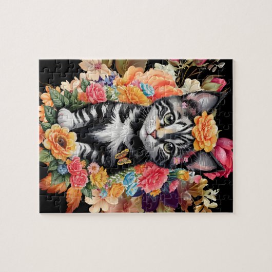 Black & White Kitten Floral Jigsaw Puzzle (Horizontal)