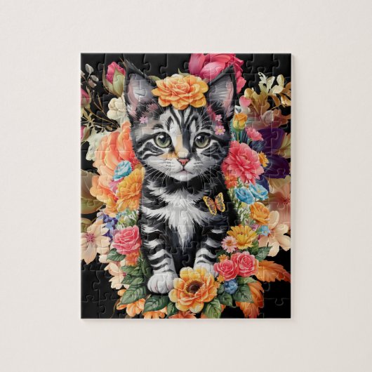 Black & White Kitten Floral Jigsaw Puzzle (Vertikal)