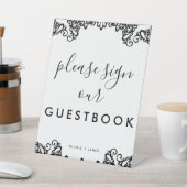 Black & White Lace Elegante Wedding Gästebuchunter Sockelschild (In SItu)